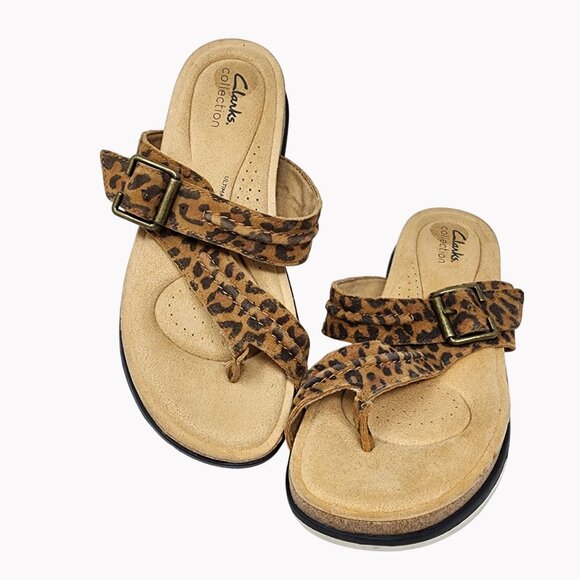 Clarks Collection Size 7 Womens Leopard Print Sandals Adjustable Buckle Strap - Picture 1 of 12